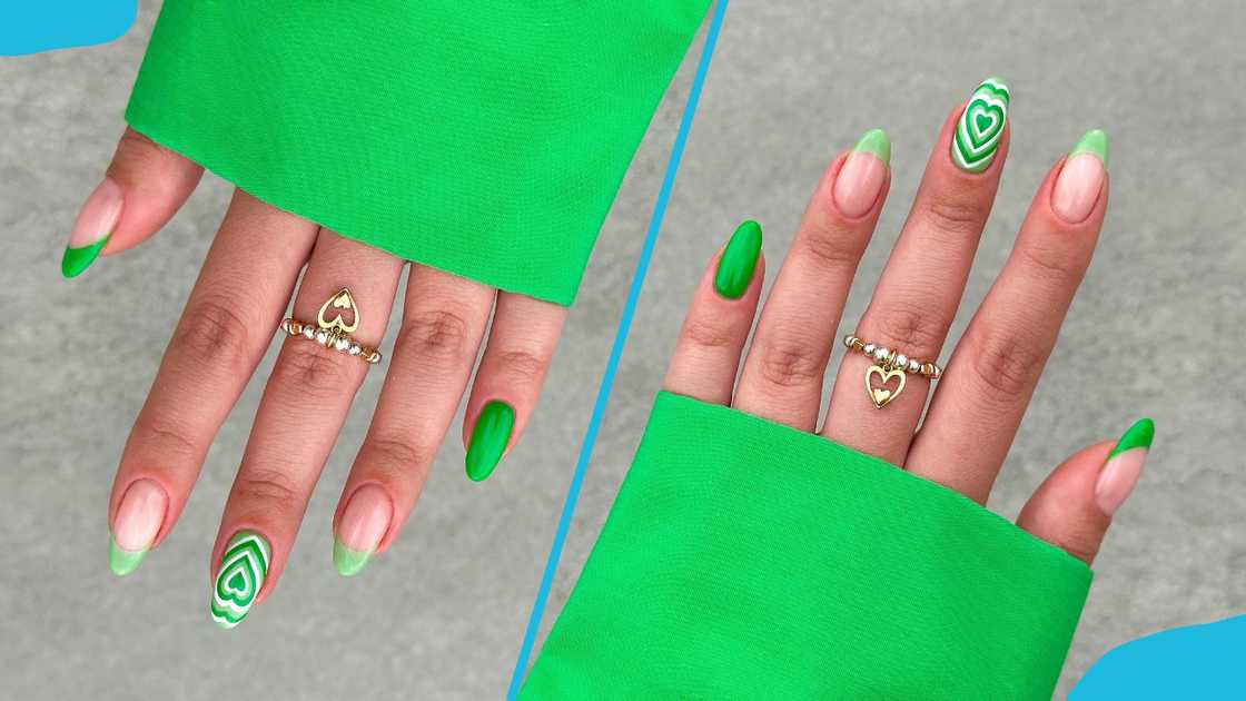 Retro heart and French tip green nails Retro heart and French tip green nails
