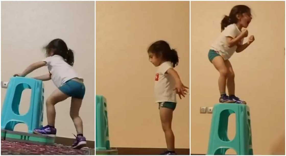 After many failures, a little boy who refused to give up jumped high and stood on a tall stool. After many failures, a little boy who refused to give up jumped high and stood on a tall stool.