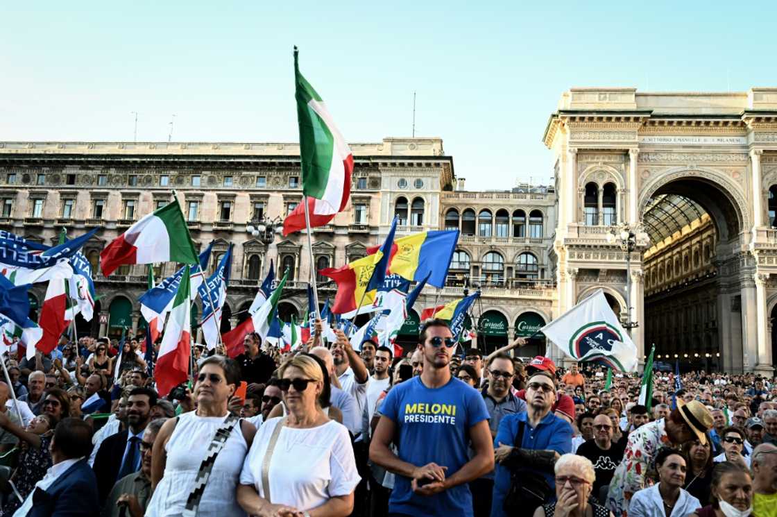 Supporters of Brothers of Italy at a rally in Milan -- Meloni has swept up disaffected voters and built a powerful personal brand Supporters of Brothers of Italy at a rally in Milan -- Meloni has swept up disaffected voters and built a powerful personal brand