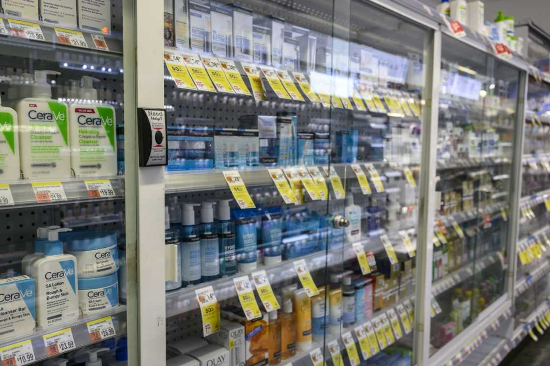 Shelf after shelf of goods are locked up to prevent theft at a Duane Reade drugstore in New York City Shelf after shelf of goods are locked up to prevent theft at a Duane Reade drugstore in New York City