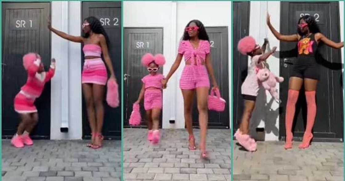 Adorable mother and daughter twin together, rock similar outfits