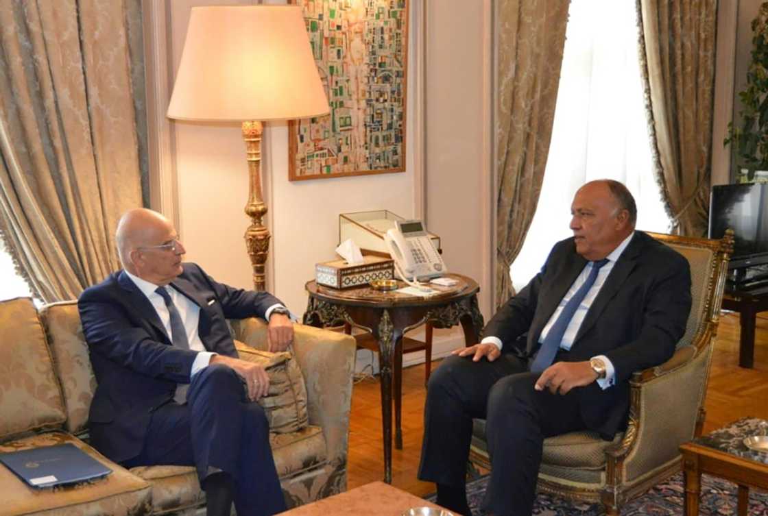Egyptian Foreign Minister Sameh Shoukry (R) met with his Greek counterpart Nikos Dendias in Cairo on Sunday, discussing events in neighbouring Libya Egyptian Foreign Minister Sameh Shoukry (R) met with his Greek counterpart Nikos Dendias in Cairo on Sunday, discussing events in neighbouring Libya
