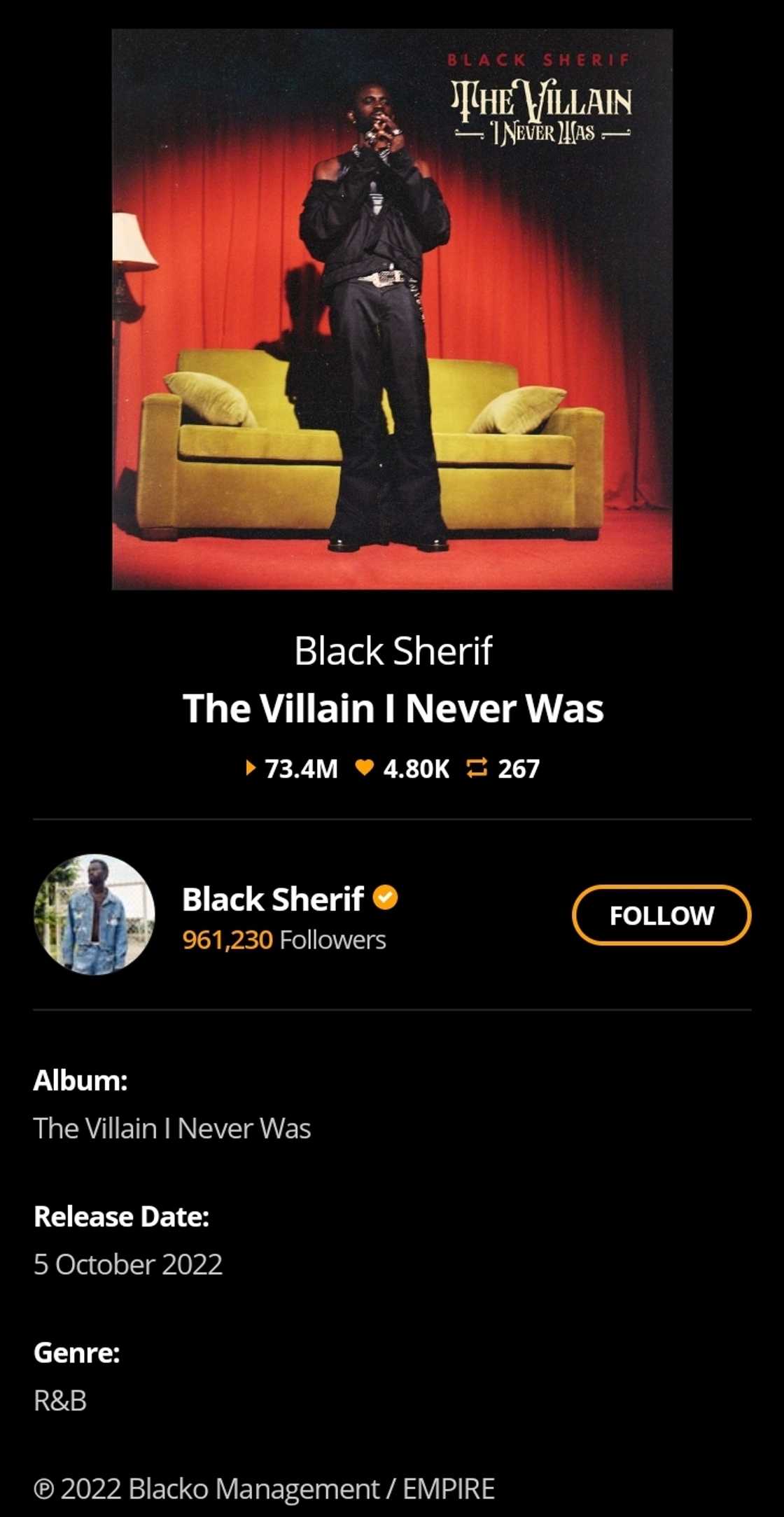 Black Sherif's album Audiomack streams