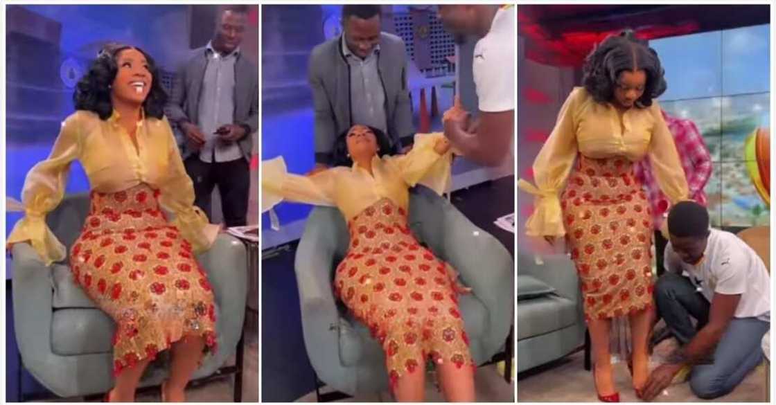 Serwaa Amihere in corset dress on TV set