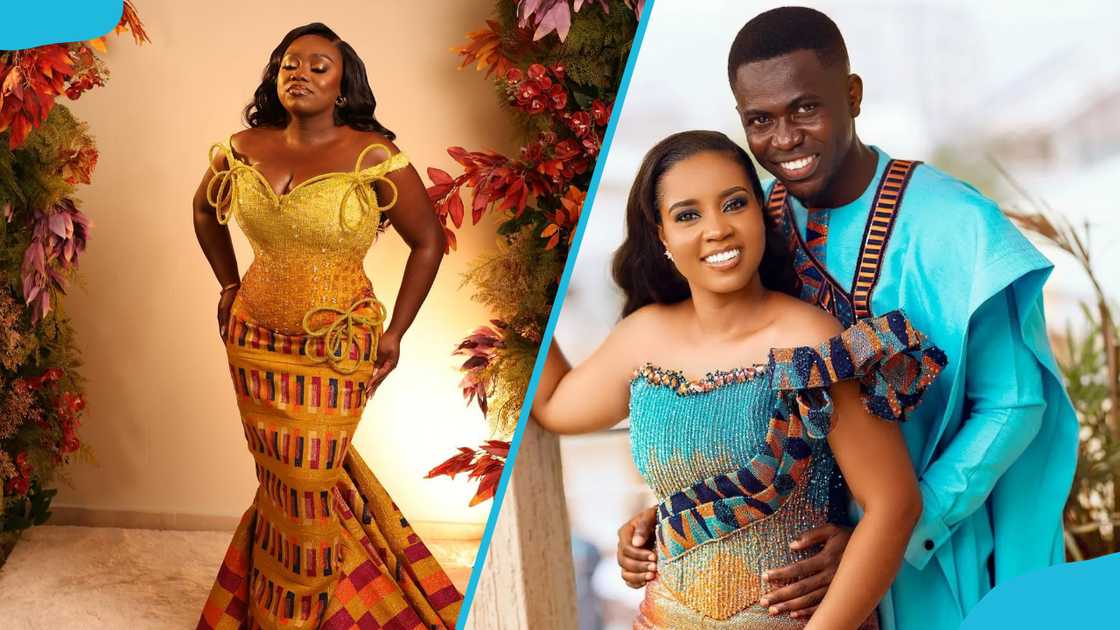 Off-shoulder beaded kente gown with handmade beaded cord details Off-shoulder beaded kente gown with handmade beaded cord details