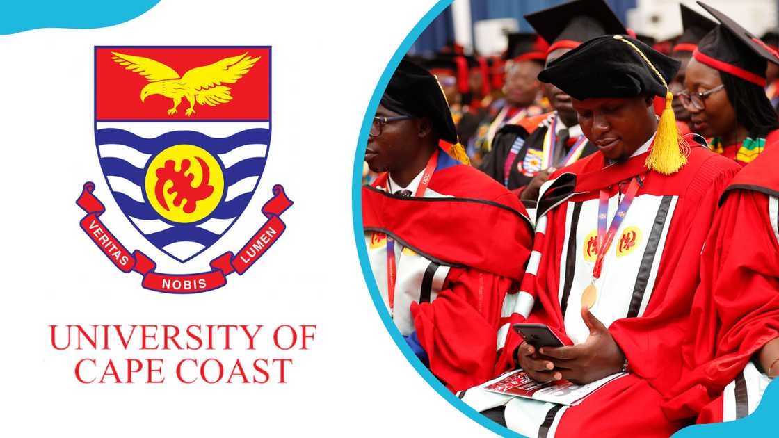 The University of Cape Coast logo and UCC students on their graduation day