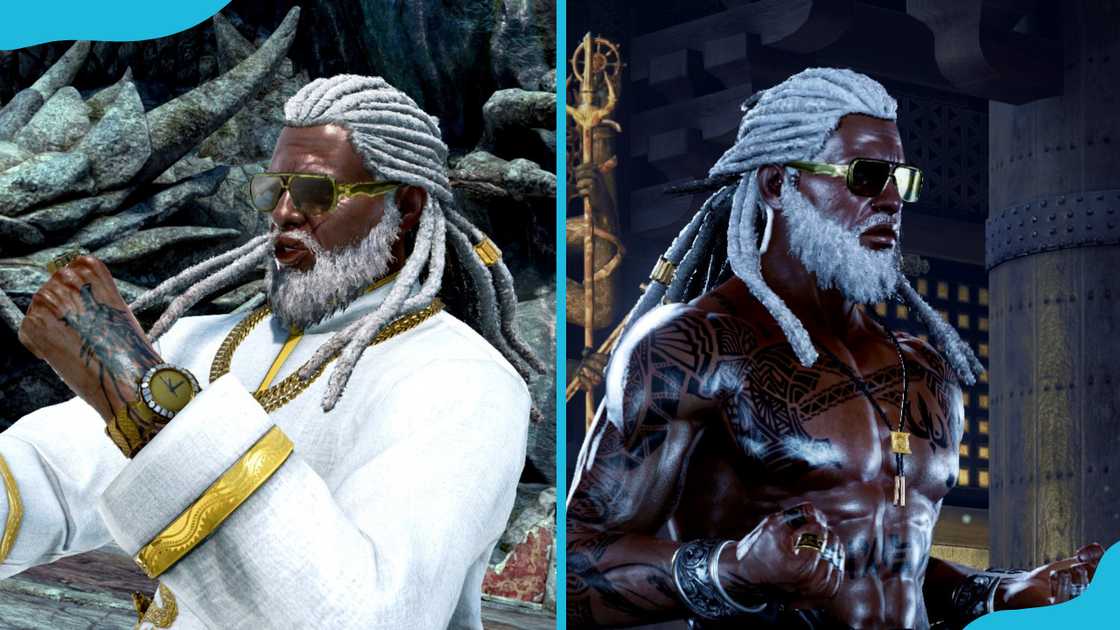 Leroy in a traditional Chinese-style outfit with gold trim and accessories (L) and is seen shirtless, with detailed body tattoos and wearing gold necklaces (R)
