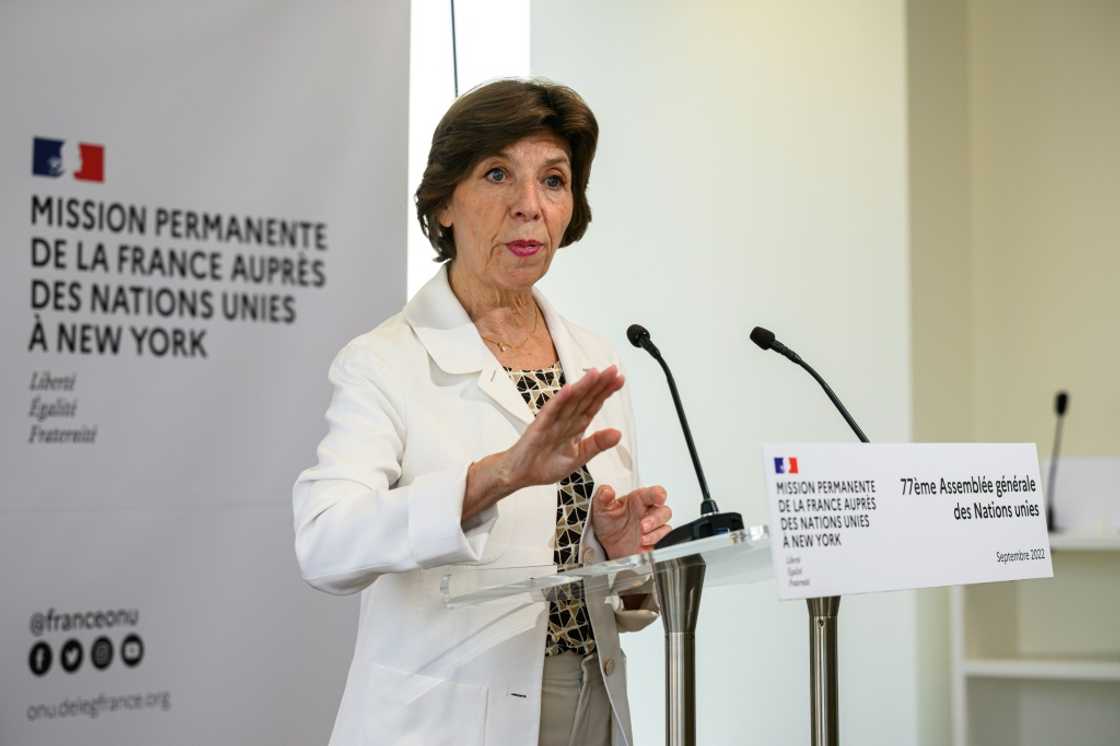 French Foreign Minister Catherine Colonna speaks to reporters at France's mission to the United Nations French Foreign Minister Catherine Colonna speaks to reporters at France's mission to the United Nations