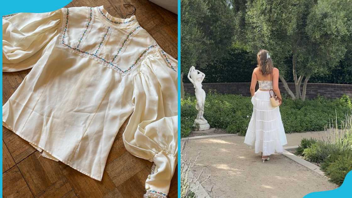 A peasant blouse (L) and a lady in a maxi skirt (R). A peasant blouse (L) and a lady in a maxi skirt (R).