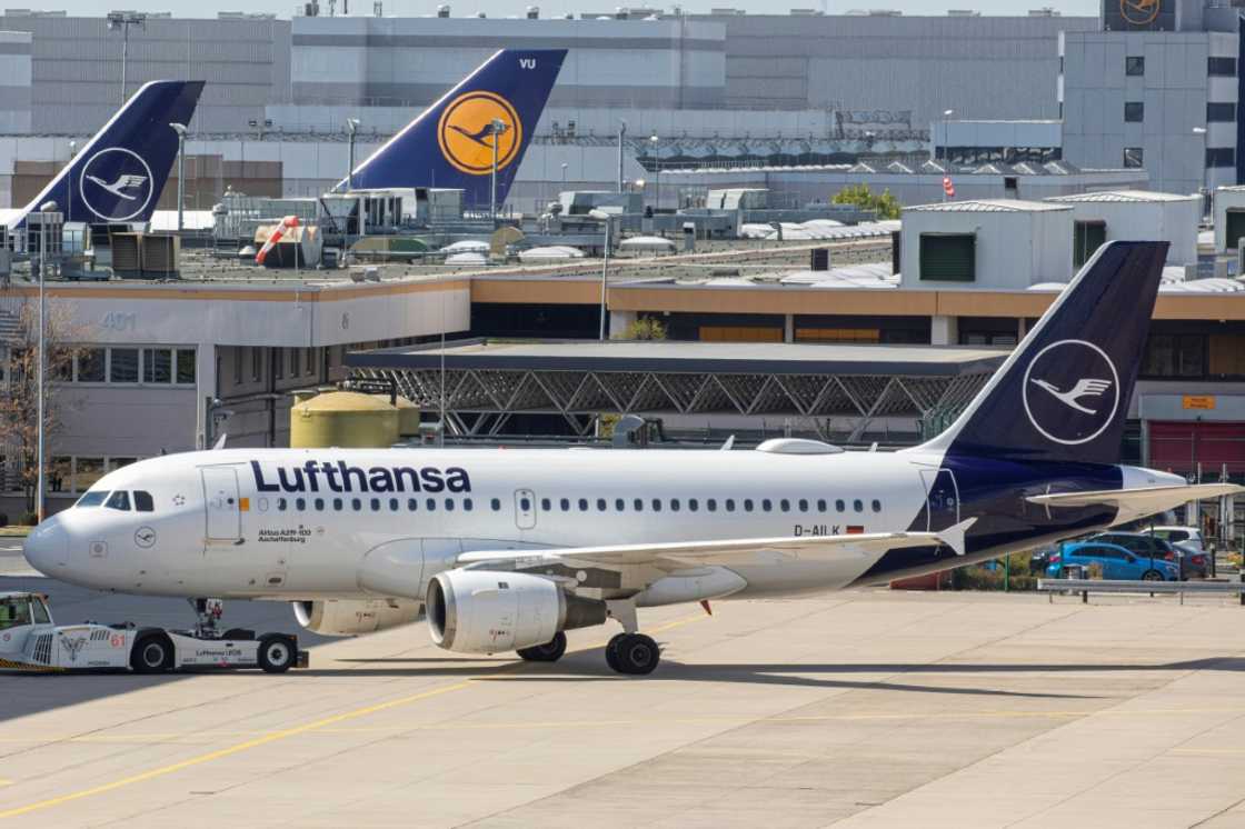 An Airbus A319 plane of the German Company Lufthansa stands at Frankfurt Airport; Lufthansa was named in a new Harvard report about social media greenwashing by fossil fuel interests