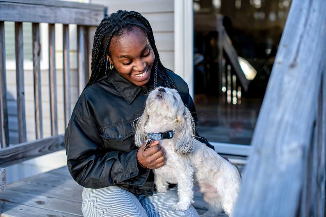 Person smiles while petting a small white dog on a porch. Person smiles while petting a small white dog on a porch.