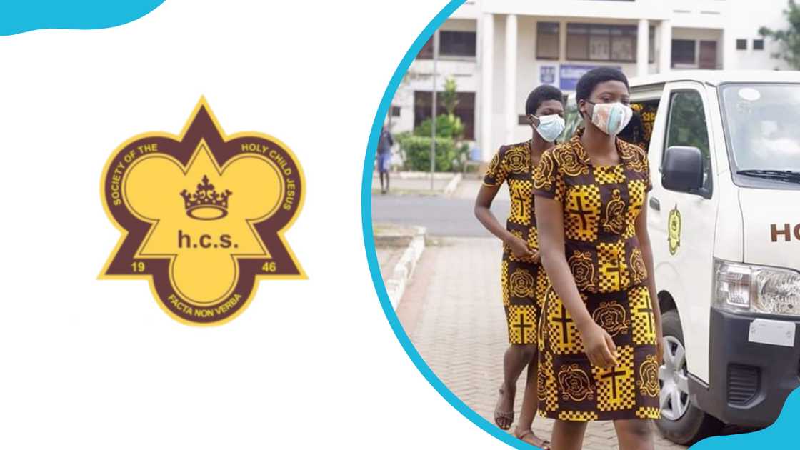 The Holy Child Senior High School logo and students walking past the school van The Holy Child Senior High School logo and students walking past the school van