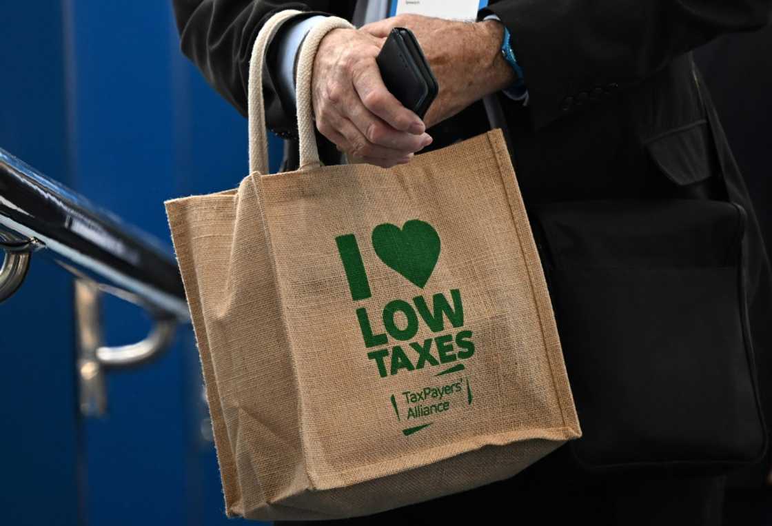 A slogan on the bag of a delegate at the ruling Conservative Party annual conference highlights the government's belief in the tax-cutting route to growth A slogan on the bag of a delegate at the ruling Conservative Party annual conference highlights the government's belief in the tax-cutting route to growth
