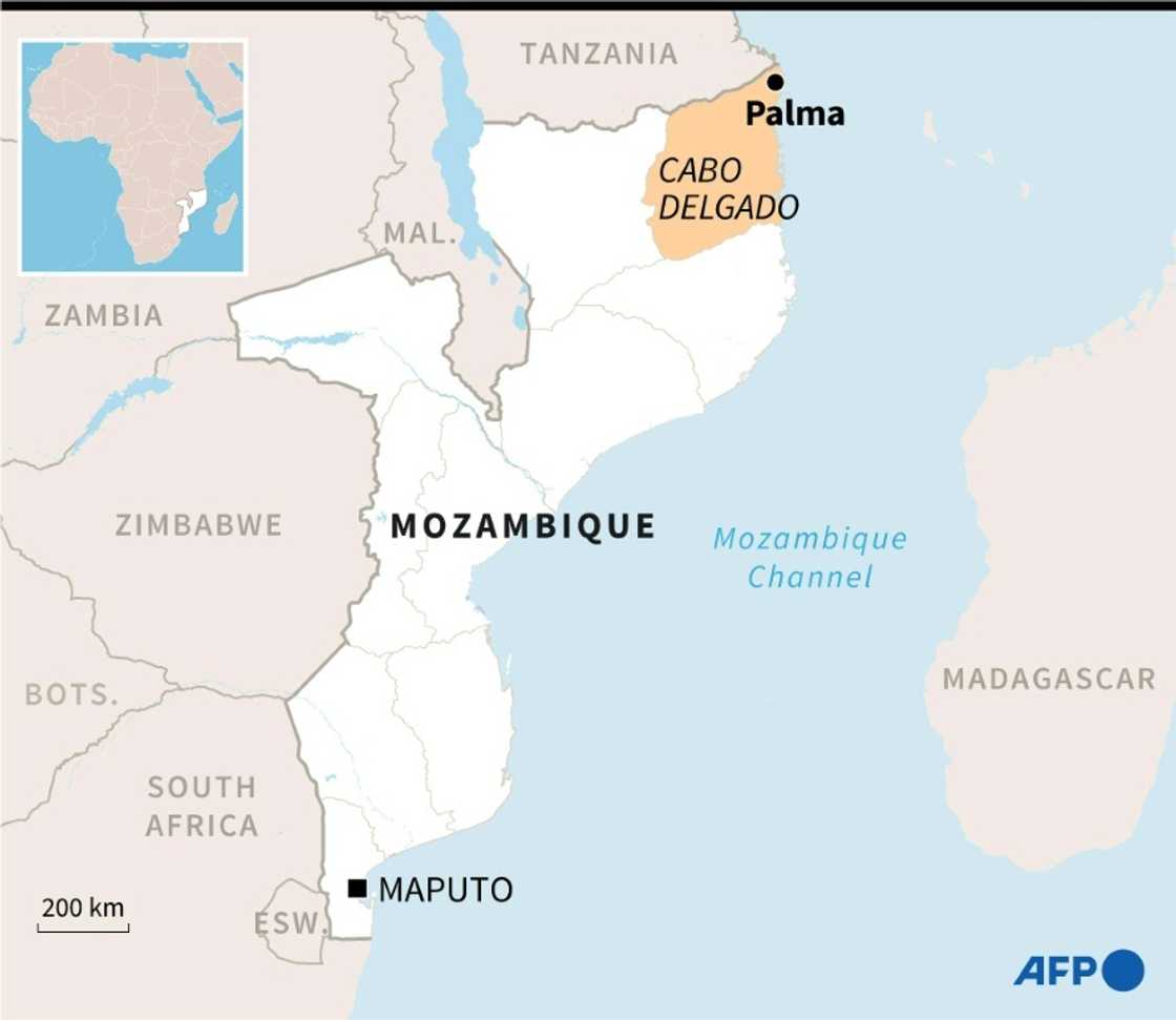 Map of Mozambique locating Cabo Delgado and Palma