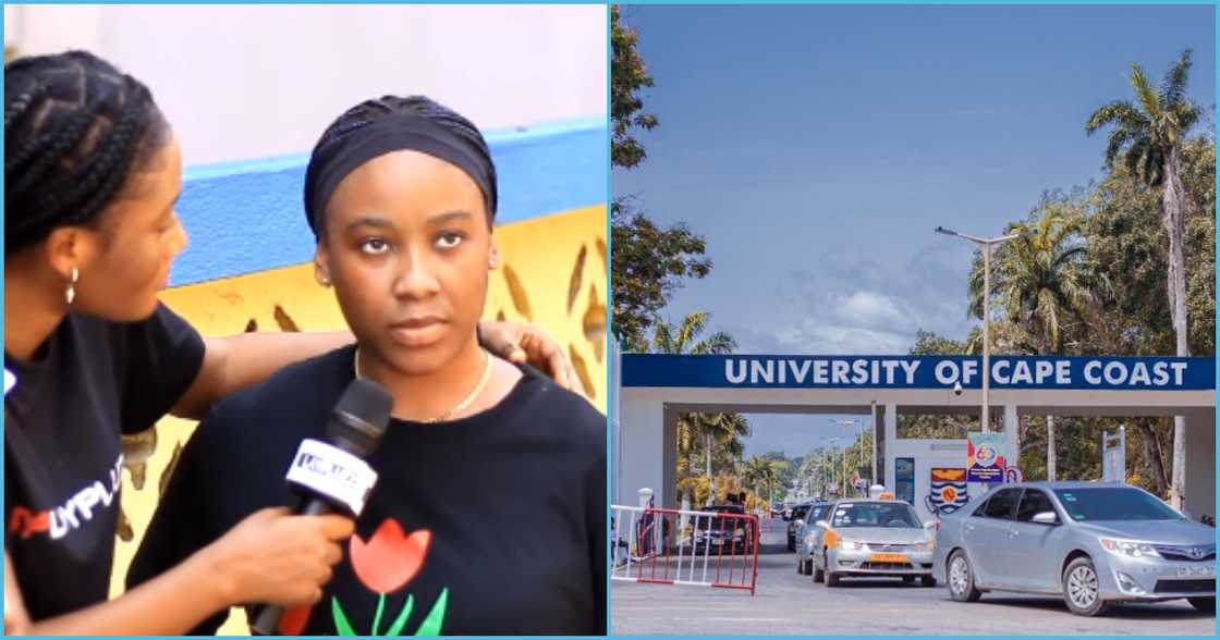 Photo of UCC student and university entrance