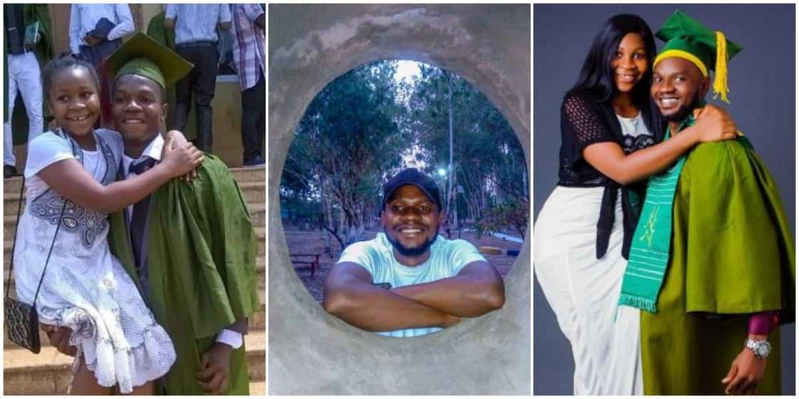Nigerian man celebrates graduation from school by carrying his sister on one arm to recreate matric photo Nigerian man celebrates graduation from school by carrying his sister on one arm to recreate matric photo