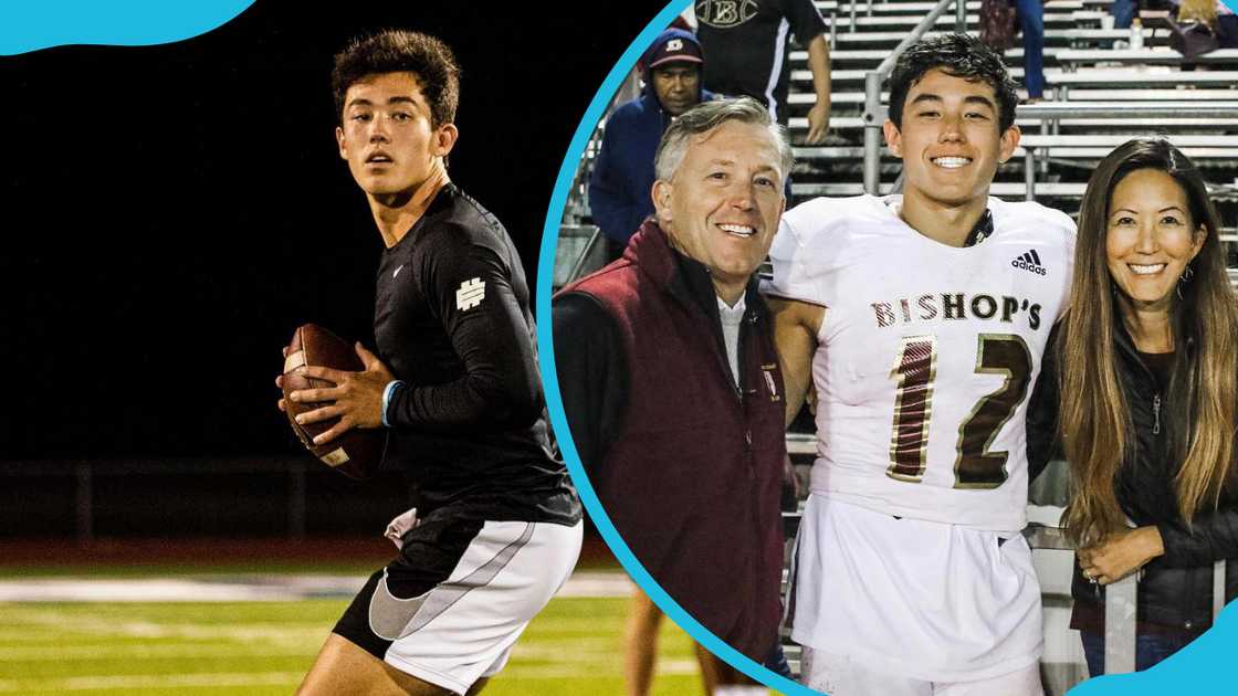 Tyler Buchner holding the ball during a past game (L). Tyler with his parents (R).