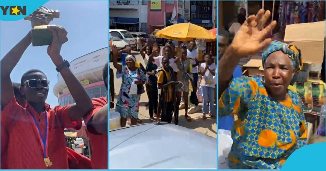 A photo of Mfantsipim NSMQ winners and traders in Cape Coast