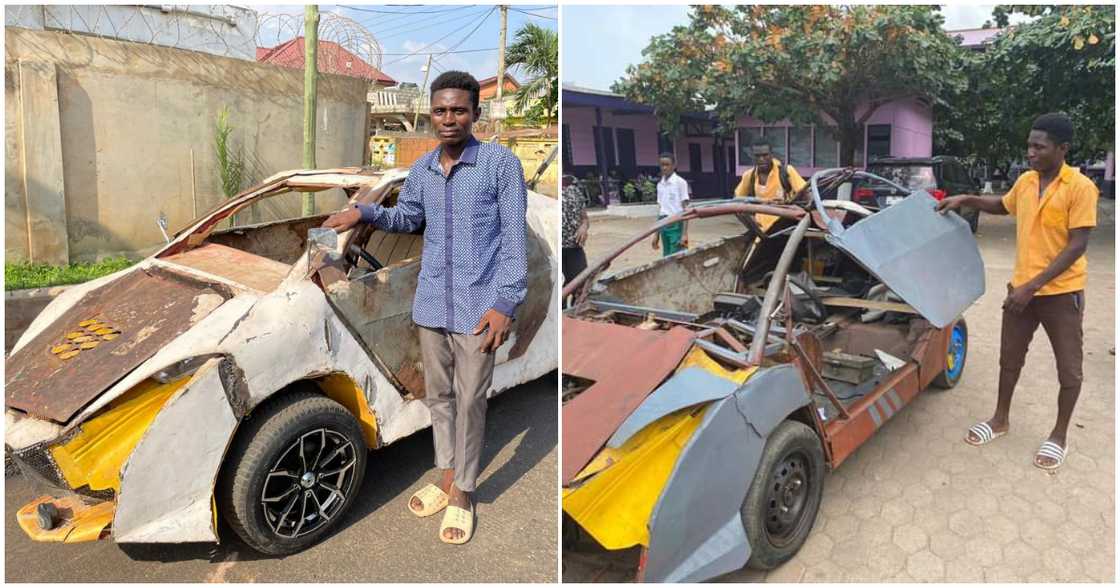Ghanaian student, Kelvin Odartei, poses with a car he created Ghanaian student, Kelvin Odartei, poses with a car he created