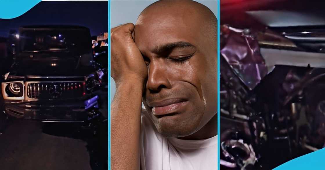 A young man wails after seeing the damage he caused by reportedly crashing his boss' Mercedes-Benz G-Wagon in Kasoa. A young man wails after seeing the damage he caused by reportedly crashing his boss' Mercedes-Benz G-Wagon in Kasoa.