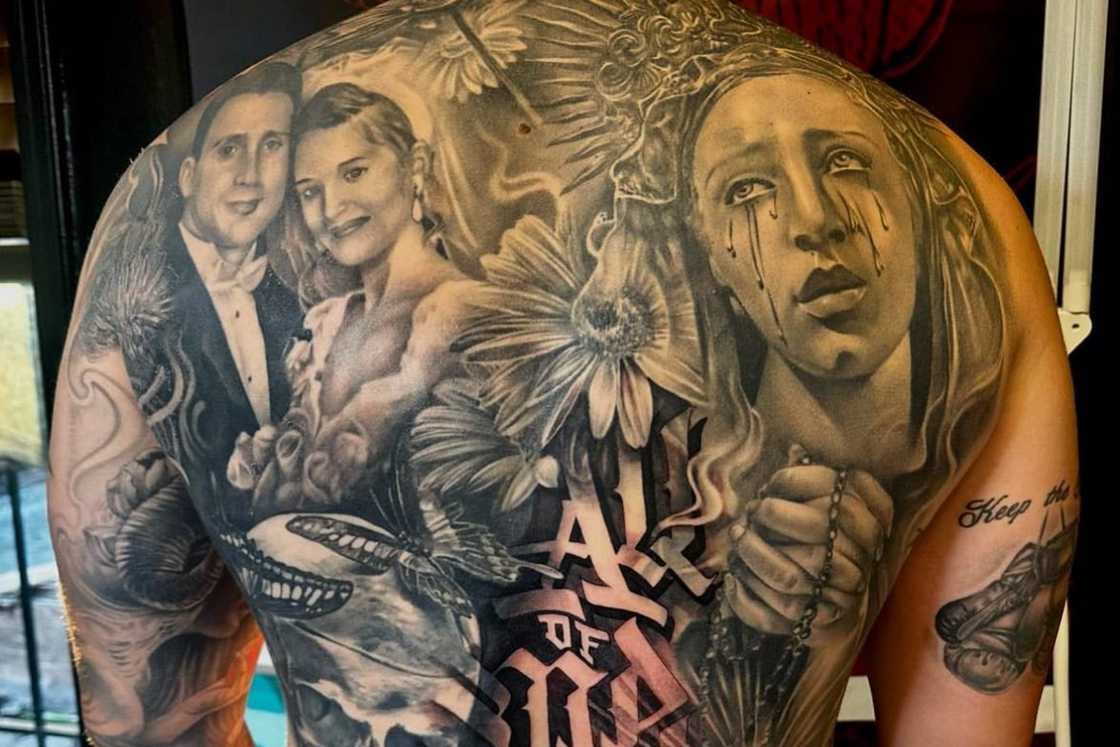 A has a portrait tattoo featuring different people