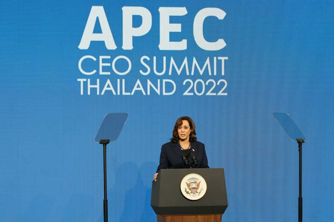 US Vice President Kamala Harris addresses the APEC CEO Summit during the Asia-Pacific Economic Cooperation (APEC) summit in Bangkok US Vice President Kamala Harris addresses the APEC CEO Summit during the Asia-Pacific Economic Cooperation (APEC) summit in Bangkok