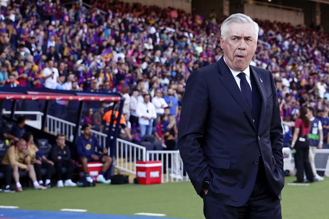 Carlo Ancelotti of Real Madrid during the LaLiga EA Sports match between FC Barcelona v Real Madrid at the Lluis Companys Olympic Stadium on May 11, 2025 in Barcelona Spain Carlo Ancelotti of Real Madrid during the LaLiga EA Sports match between FC Barcelona v Real Madrid at the Lluis Companys Olympic Stadium on May 11, 2025 in Barcelona Spain