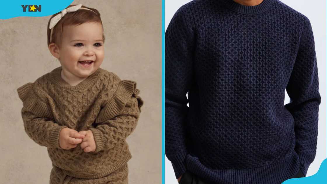 A baby (L) and a man (R) wearing honeycomb sweaters A baby (L) and a man (R) wearing honeycomb sweaters