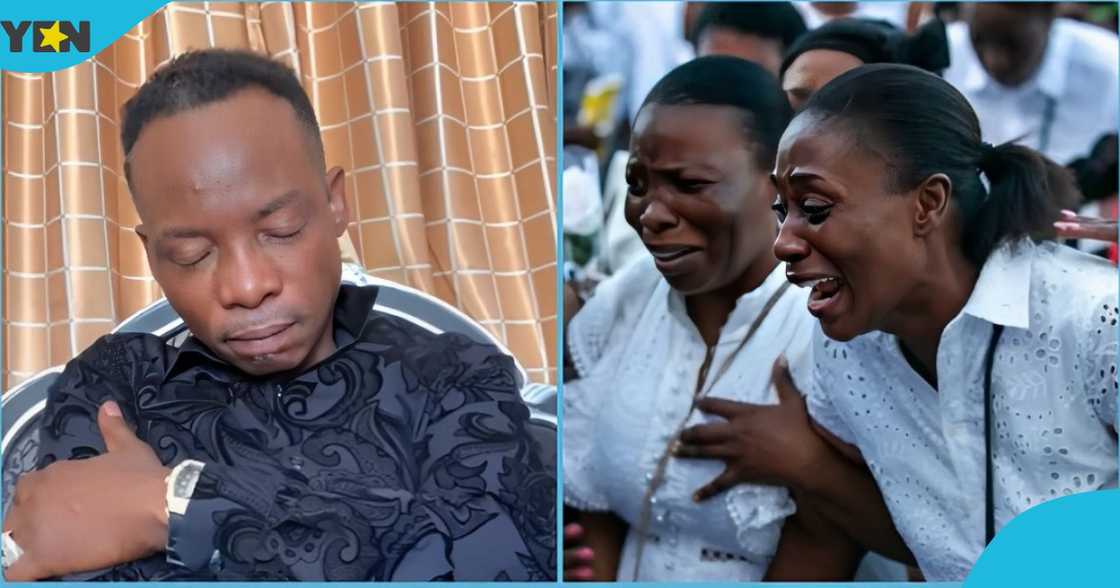 A photo of Bishop Elisha Salifu Amoako and the grieving relatives of Justine Agbenu and Maame Dwomoh Boaten.