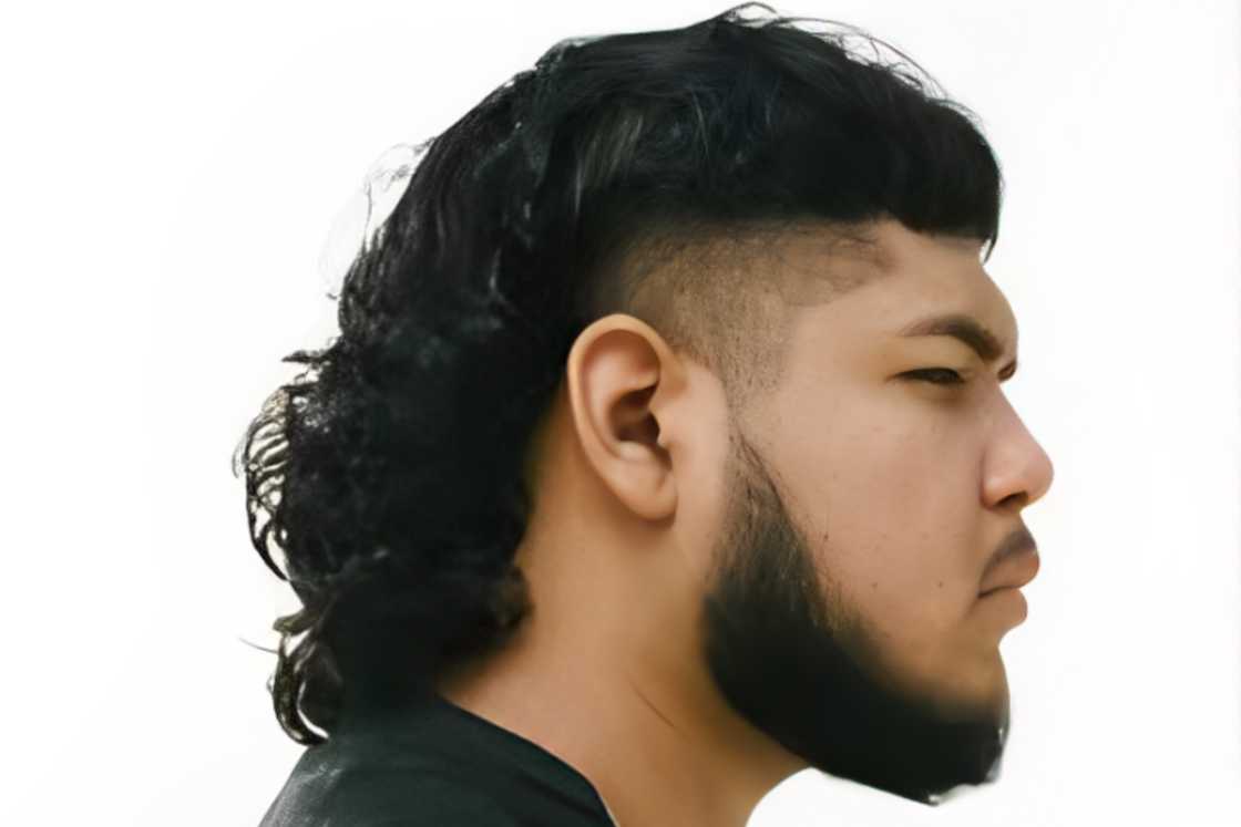 A man is wearing a mullet haircut A man is wearing a mullet haircut