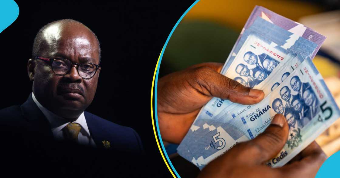 The Governor of the Bank of Ghana and a hand counting cedi notes.