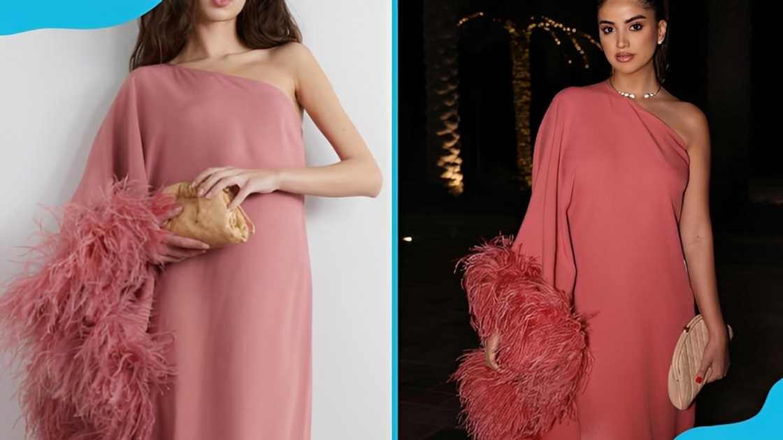 One-shoulder stretch crepe maxi dress.