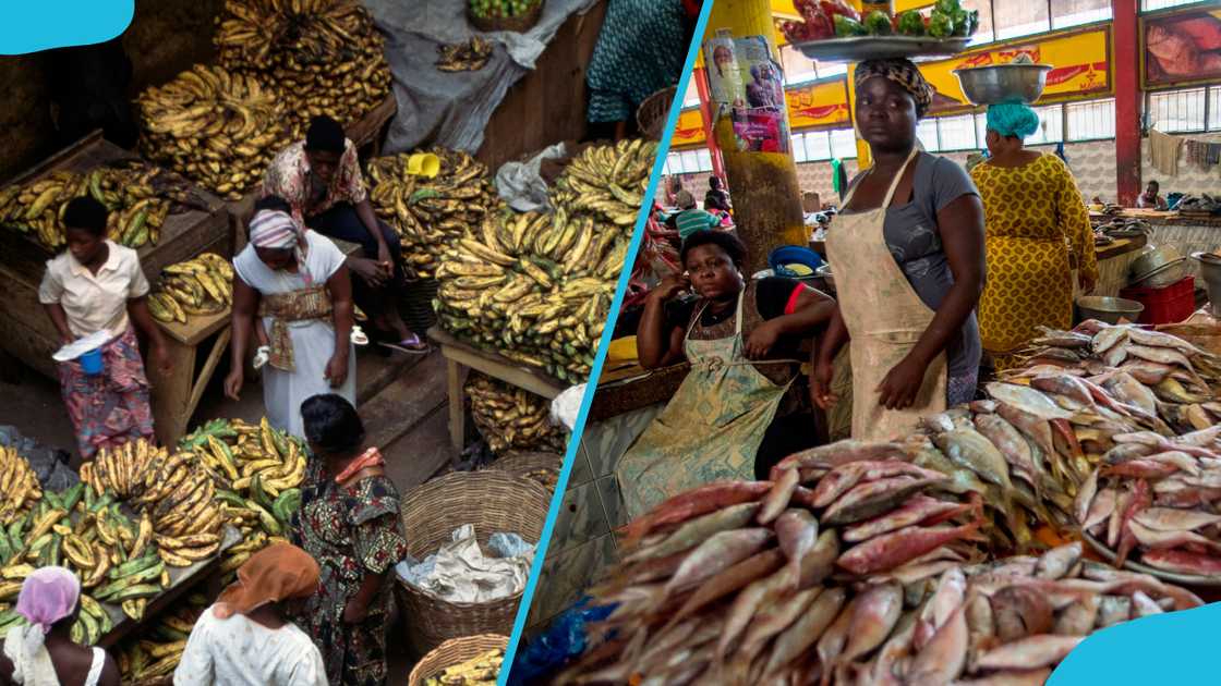 Women sell bananas (L) and fish at the Kaneshie Market, Accra, Ghana. Women sell bananas (L) and fish at the Kaneshie Market, Accra, Ghana.