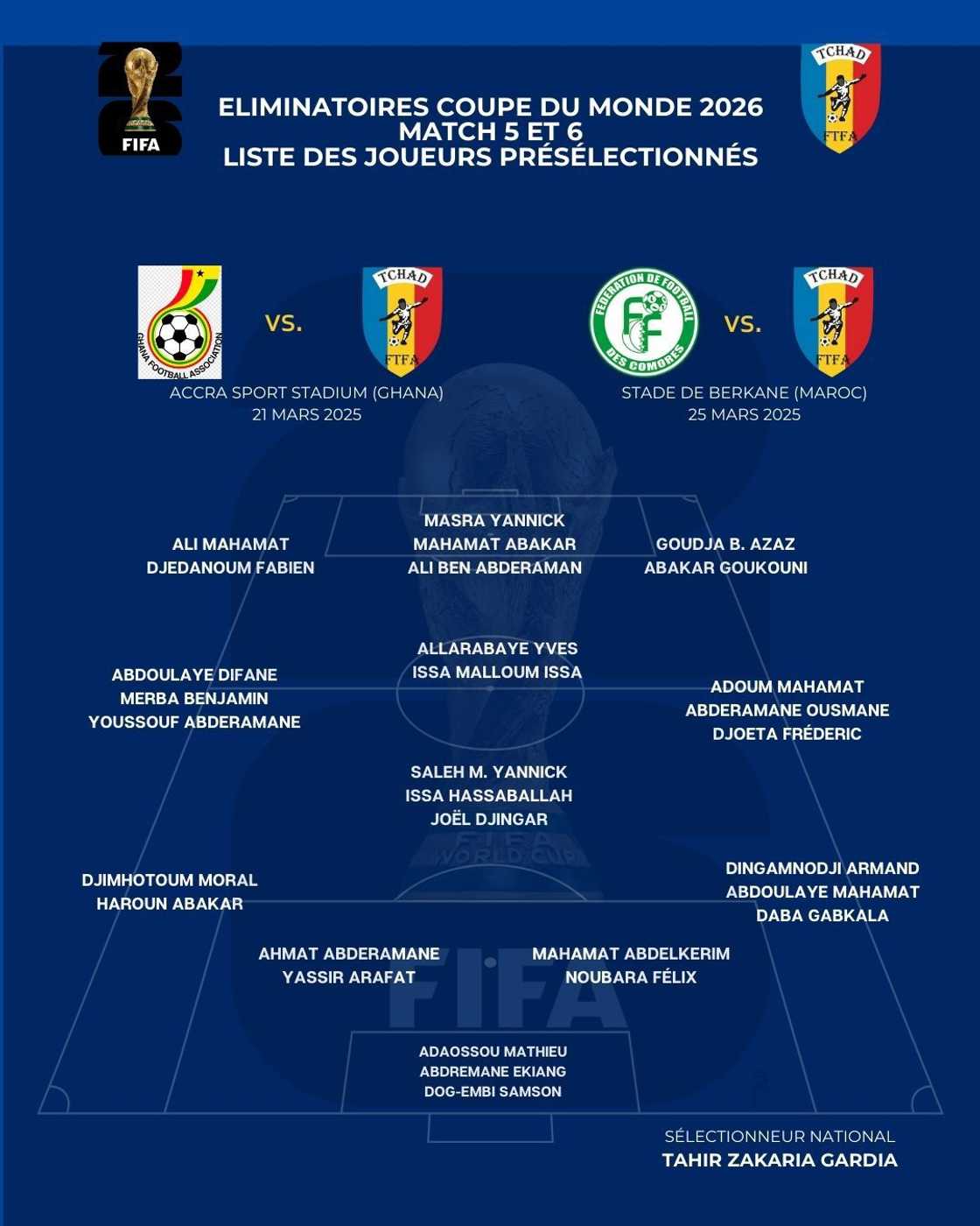 Chad head coach Tahir Zakaria Gardia has announced a 30-man squad to face Ghana and Comoros during Matchday 5 and 6 of the FIFA World Cup qualifiers Chad head coach Tahir Zakaria Gardia has announced a 30-man squad to face Ghana and Comoros during Matchday 5 and 6 of the FIFA World Cup qualifiers