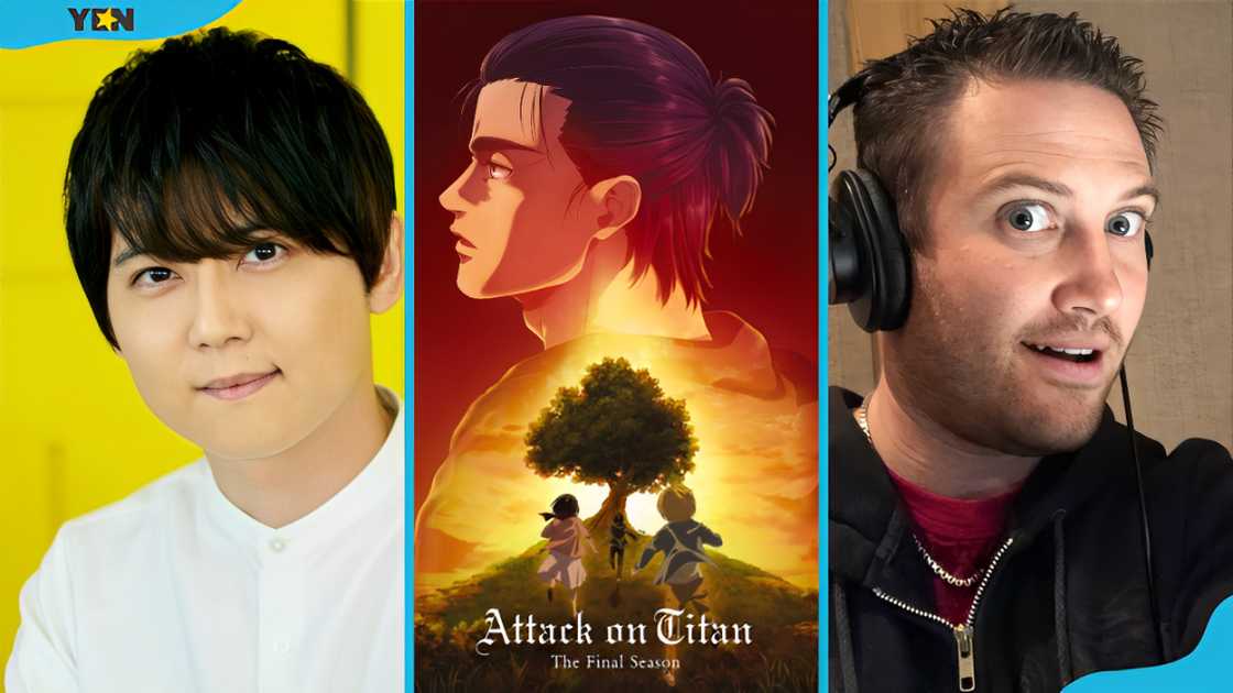 Yûki Kaji (L), the Attack on Titan Final Season cover art (C) and Bryce Papenbrook (R)