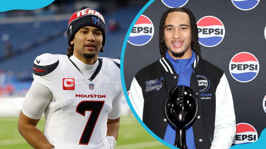 C.J. Stroud #7 of the Houston Texans looks on during a game (L) and with an award at Mandalay Bay (R)