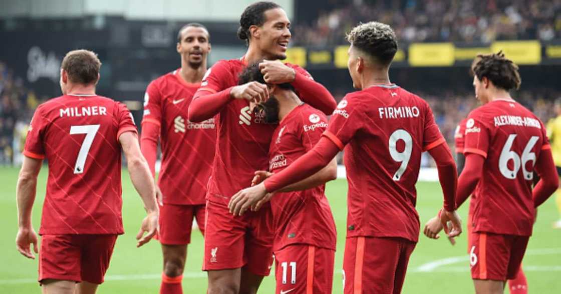 Mohamed Salah of Liverpool celebrates after scoring the fourth goal 0-4 during the Premier League match between Watford and Liverpool at Vicarage Road on October 16, 2021 in Watford, England. (Photo by John Powell/Liverpool FC via Getty Images) Mohamed Salah of Liverpool celebrates after scoring the fourth goal 0-4 during the Premier League match between Watford and Liverpool at Vicarage Road on October 16, 2021 in Watford, England. (Photo by John Powell/Liverpool FC via Getty Images)