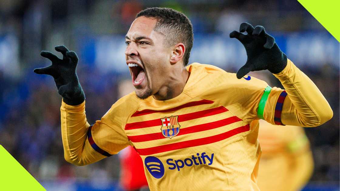 Victor Roque celebrates a goal for Barcelona.