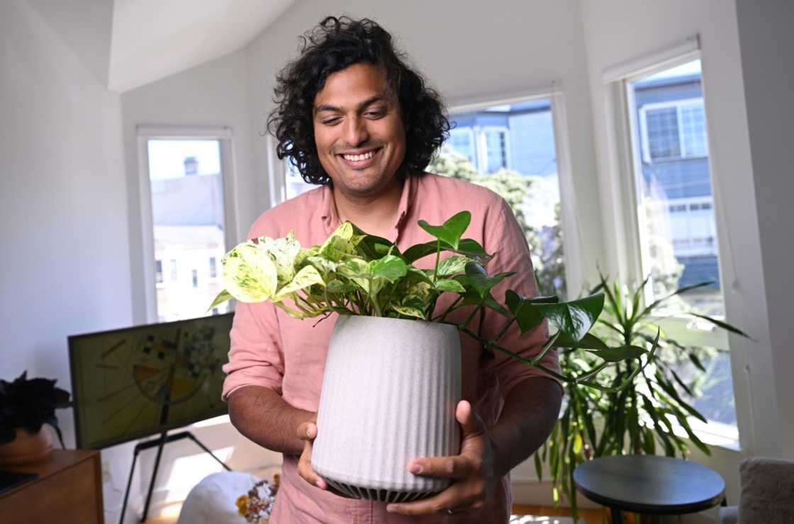 Vincent Nallatamby holds his Neo Px plant at his home in San Francisco, California