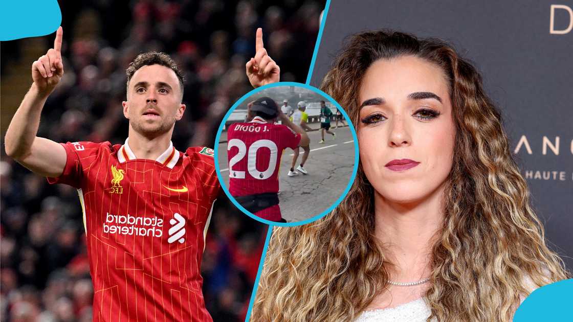 Diogo Jota’s wife, Jota's widow, Rute Cardoso, Rute Cardoso hugs friend, marathon runner, runner honours Diogo Jota, Liverpool, Anfield.