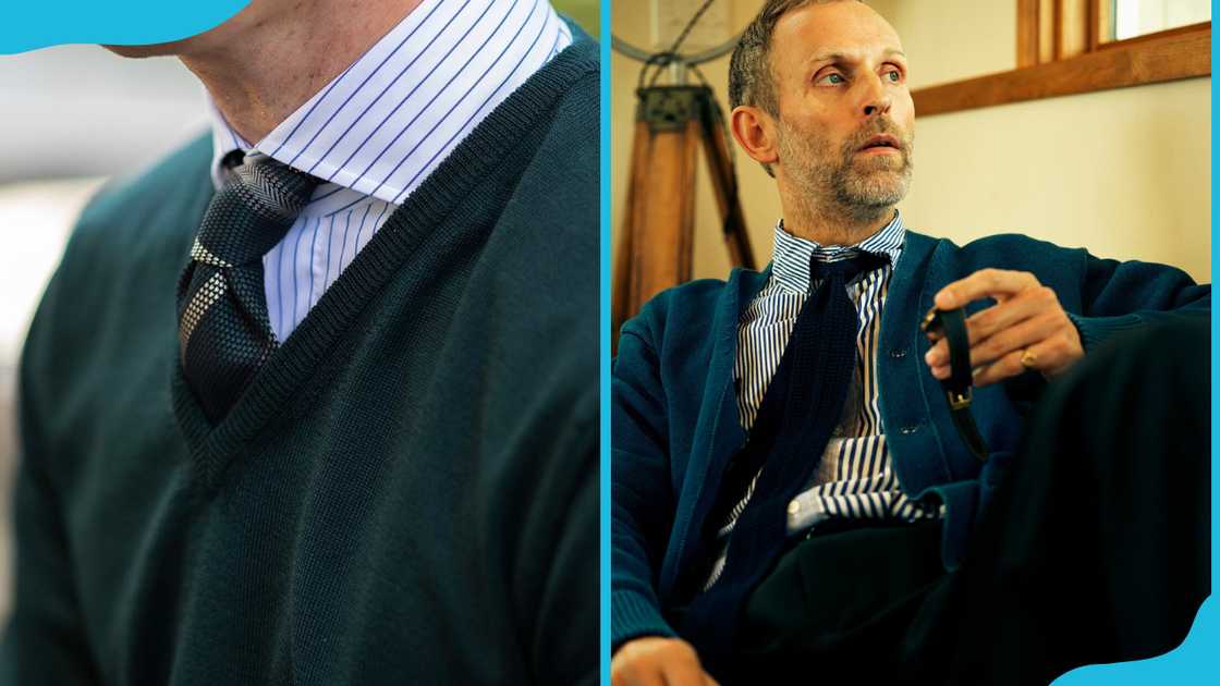 A person with a green V-neck sweater and matching printed tie (L) and a man with a buttoned cardigan and a shirt (R)