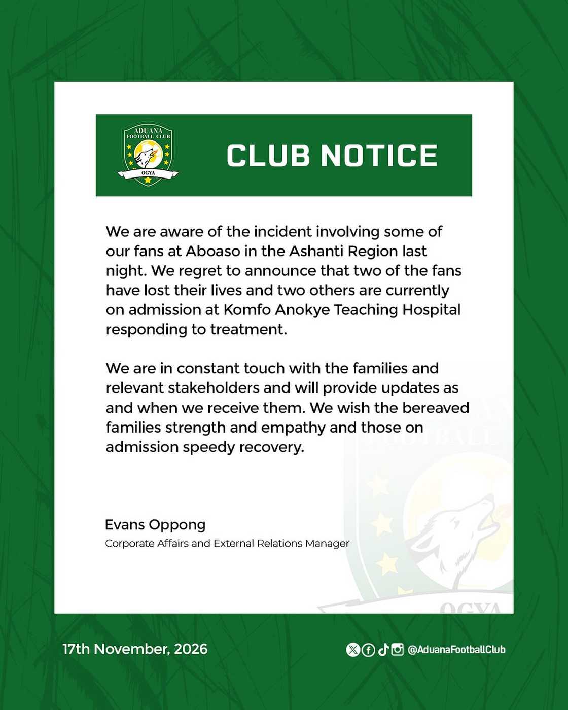 Aduana supporters dead, Ghana sports updates, tragic accident Ghana football, GPL matchday tragedy, Ghana national team news, Black Stars Kirin Cup 2025, Ghana supporters crash