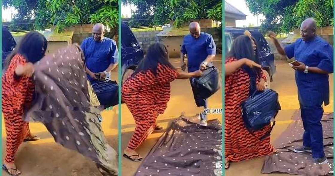 Playful wife lays her expensive wrapper on the floor for husband to walk on Playful wife lays her expensive wrapper on the floor for husband to walk on