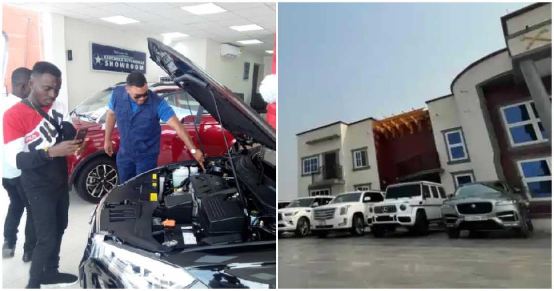 Kantanka Jnr inspects work at his car manufacturing plant (left) after which spends the day in his huge mansion with exotic cars (right) Kantanka Jnr inspects work at his car manufacturing plant (left) after which spends the day in his huge mansion with exotic cars (right)
