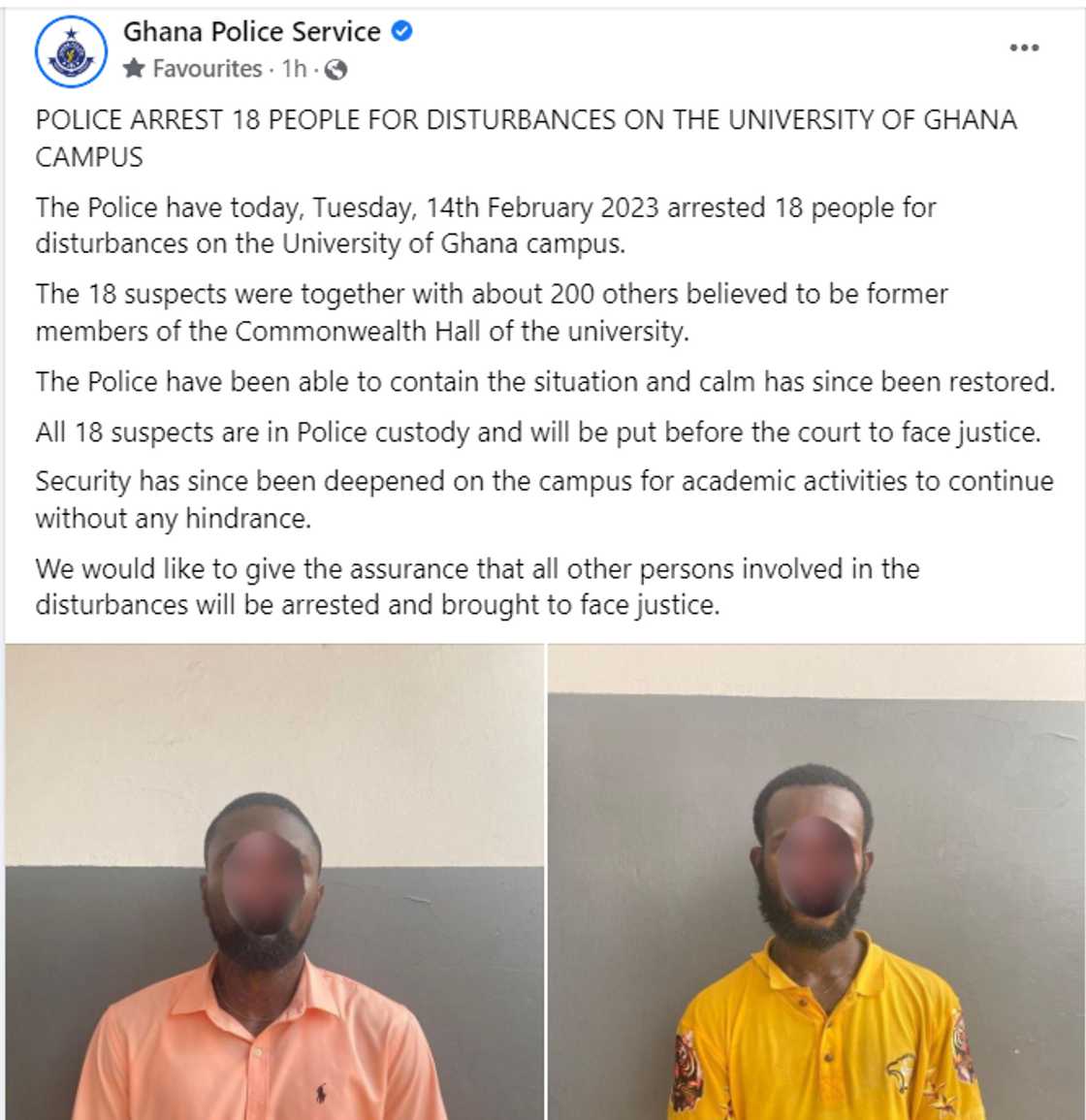 Ghana police said they have arrested 18 people who were part of about 200 people who caused disturbances on campus on Tuesday, Feb 14, 2023.