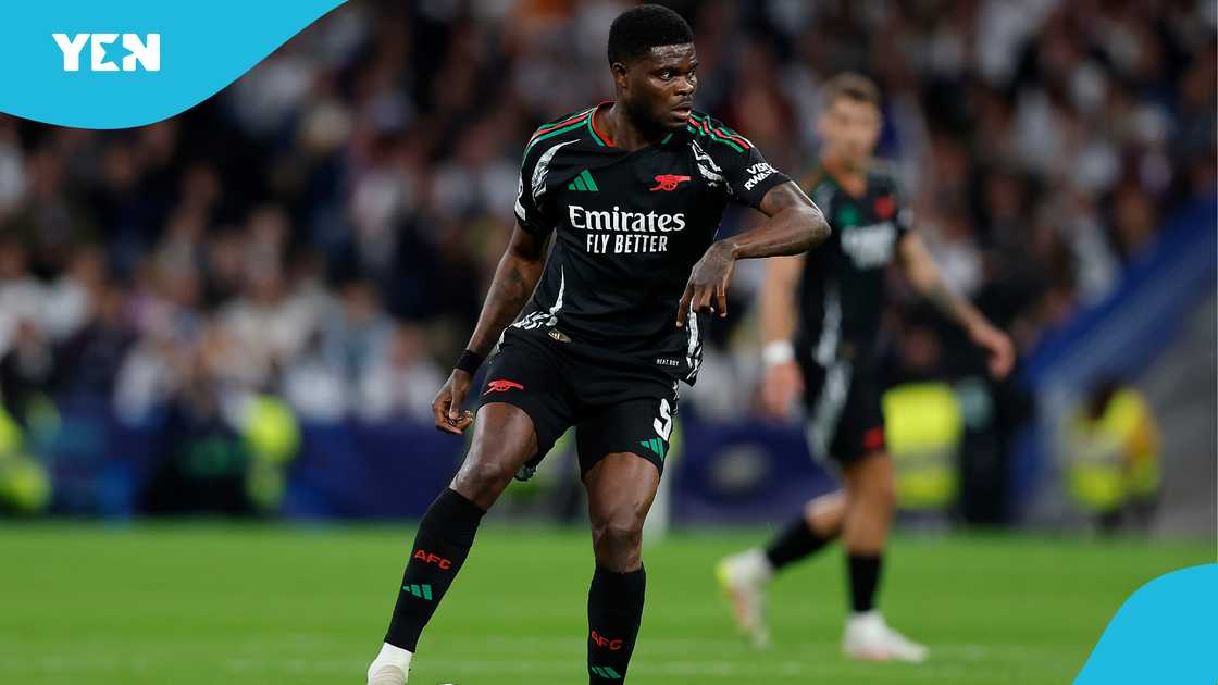 Thomas Partey, Arsenal, Real Madrid Santiago Bernabéu Stadium, UEFA Champions League. Thomas Partey, Arsenal, Real Madrid Santiago Bernabéu Stadium, UEFA Champions League.
