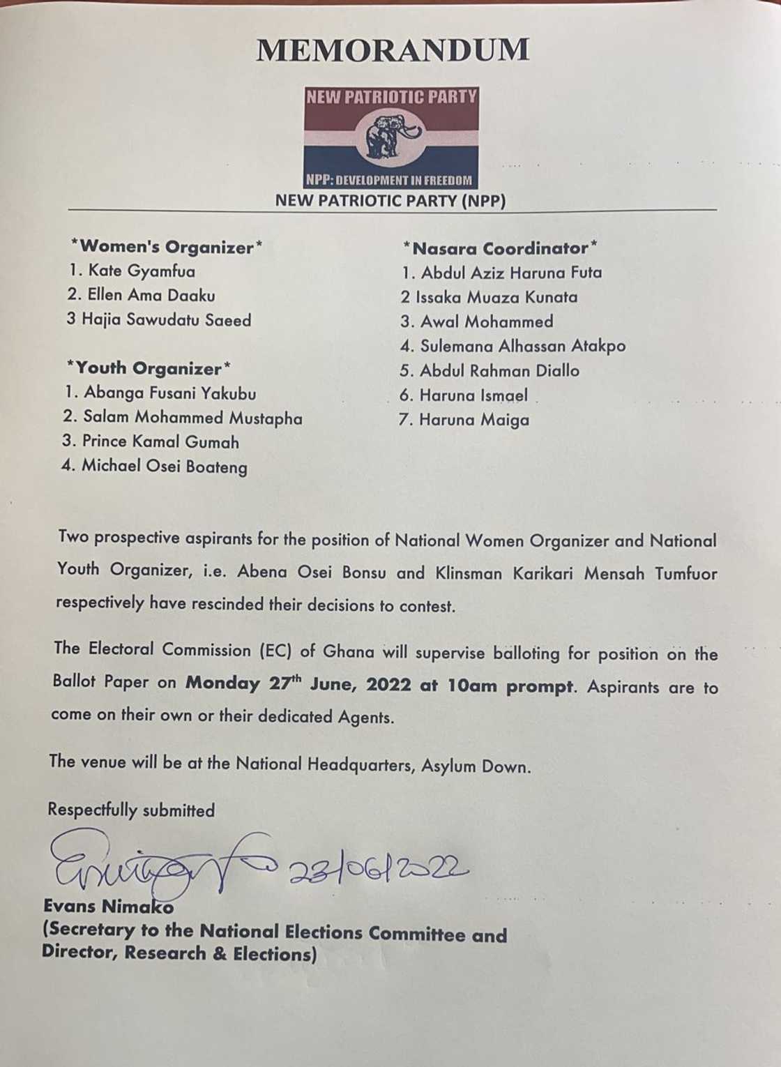 NPP National Executive Elections memo