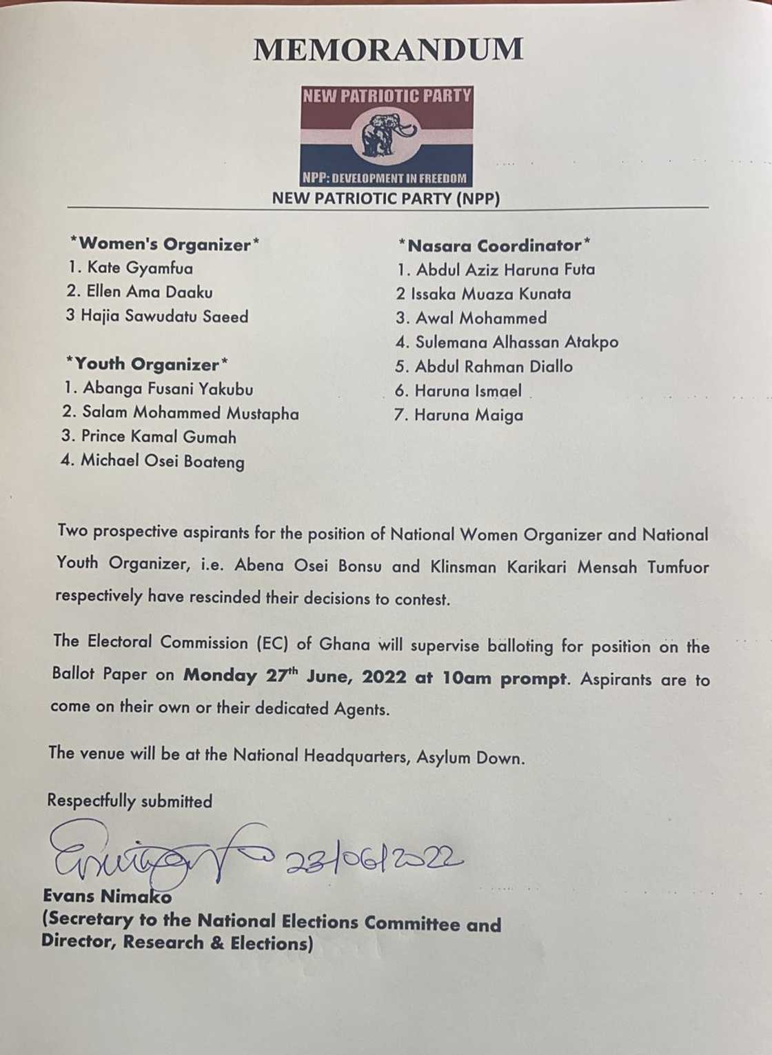 NPP National Executive Elections memo NPP National Executive Elections memo