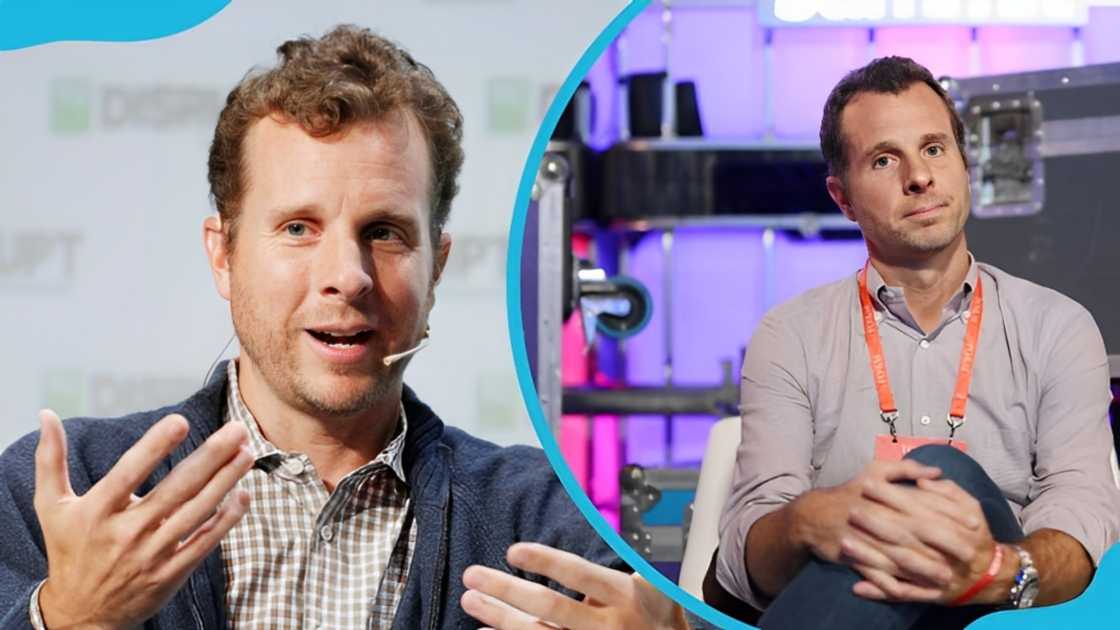 Jamie Siminoff in a checked shirt and navy blue sweater (L) and a grey shirt and tag (R) Jamie Siminoff in a checked shirt and navy blue sweater (L) and a grey shirt and tag (R)