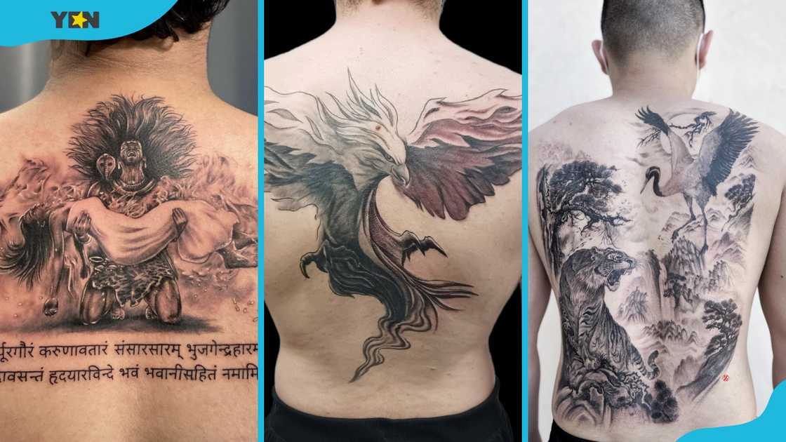 Quote and portrait tattoo (L), phoenix tattoo (M), and tiger and crane tattoo (R) Quote and portrait tattoo (L), phoenix tattoo (M), and tiger and crane tattoo (R)